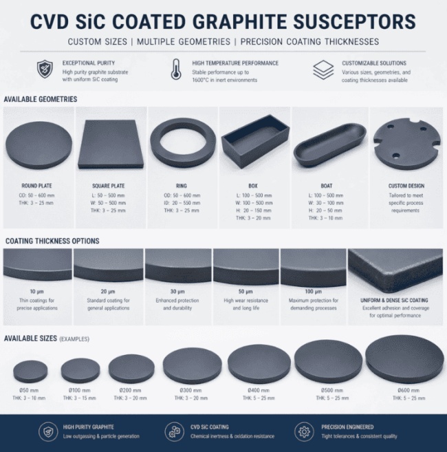 CVD-SiC-beschichtete Graphitsuszeptoren, kundenspezifische Größen, verschiedene Geometrien, präzise Beschichtungsdicken